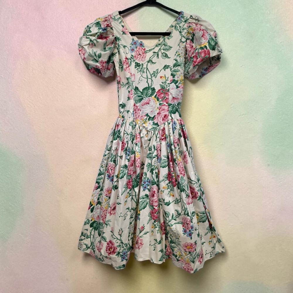 Vintage Floral Puff Sleeve Midi Dress with Oversized Back Bow Pink Cream Rose
